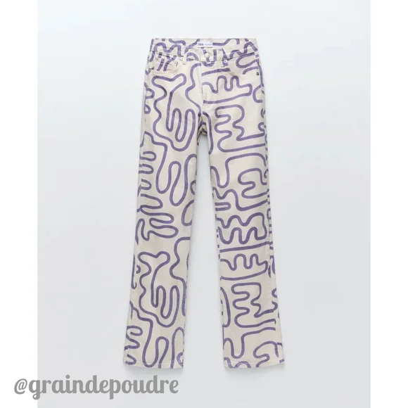 Rare Zara Purple Squiggle Graffiti Print Off White Straight Leg Jeans 36 4 42 10 - Picture 2 of 6